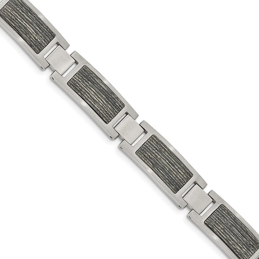 Chisel Stainless Steel Brushed with Grey Wood Inlay 8.75 inch Link Bracelet SRB2167-8.75
