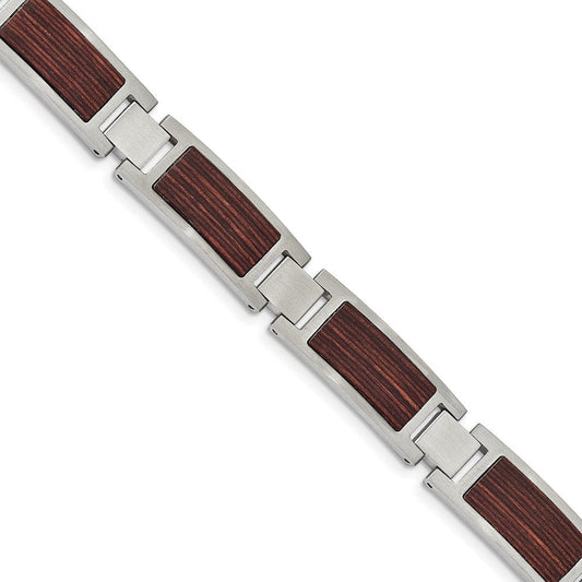 Chisel Stainless Steel Brushed with Wood Inlay 8.75 inch Link Bracelet SRB2169-8.75