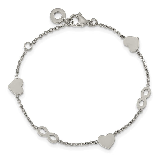Chisel Stainless Steel Polished Heart and Infinity 7 inch Bracelet with 1 inch Extension SRB2179-7