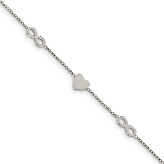 Chisel Stainless Steel Polished Heart and Infinity 7 inch Bracelet with 1 inch Extension SRB2179-7