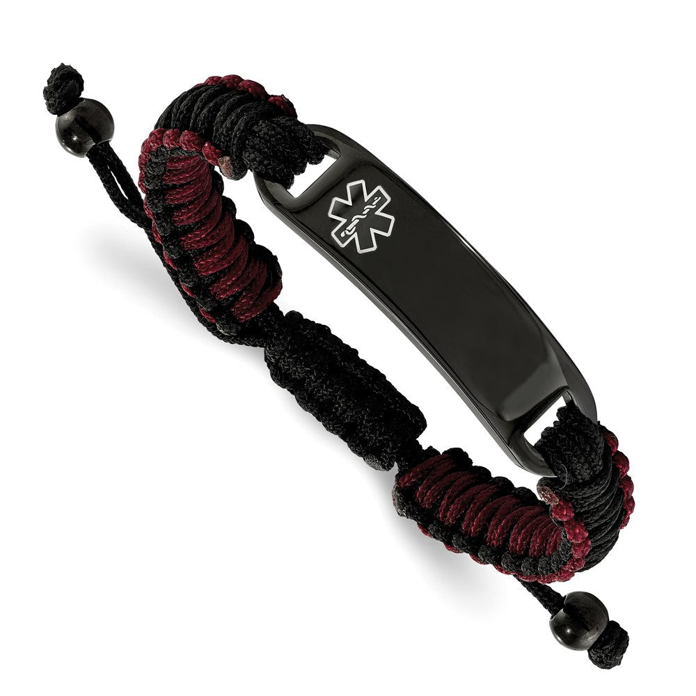 Chisel Stainless Steel Polished Black IP-plated with White Enamel Black and Red Nylon Adjustable Medical ID Bracelet SRB2185