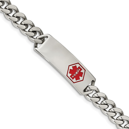 Chisel Stainless Steel Polished with Red Enamel Medical ID 8 inch Curb Chain Bracelet SRB2193-8