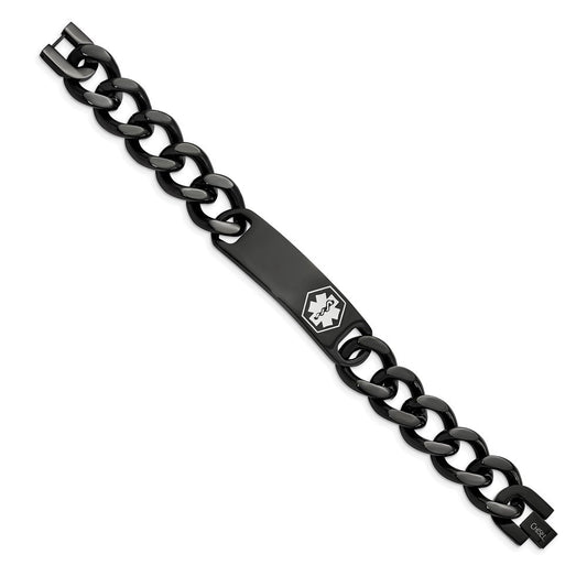 Chisel Stainless Steel Polished Black IP-plated with White Enamel Medical ID 8.25 inch Curb Chain Bracelet SRB2195-8.25