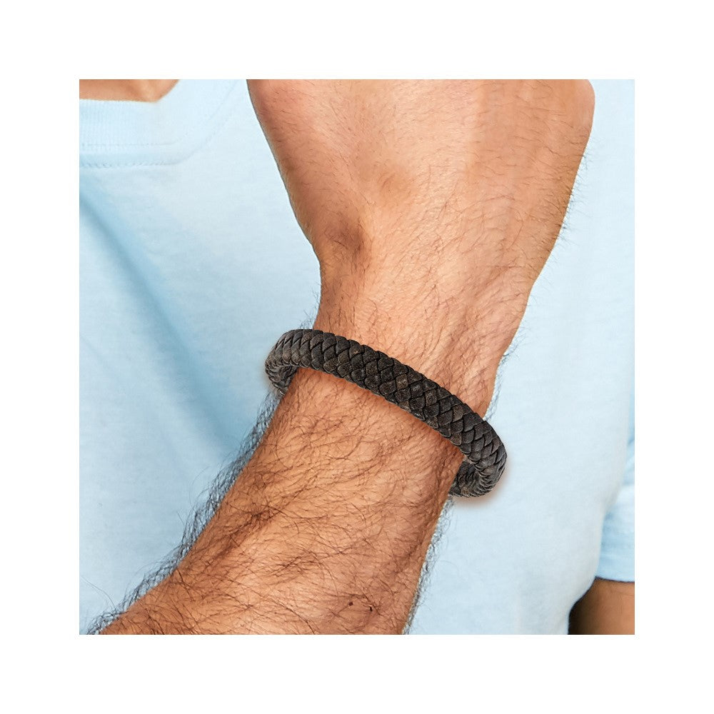 Chisel Stainless Steel Antiqued and Brushed Brown Braided Leather 8.25 inch Bracelet SRB2205-8.25