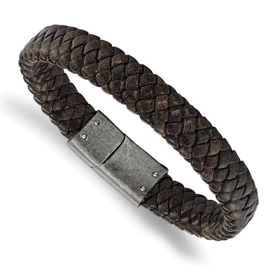 Chisel Stainless Steel Antiqued and Brushed Brown Braided Leather 8.25 inch Bracelet SRB2205-8.25