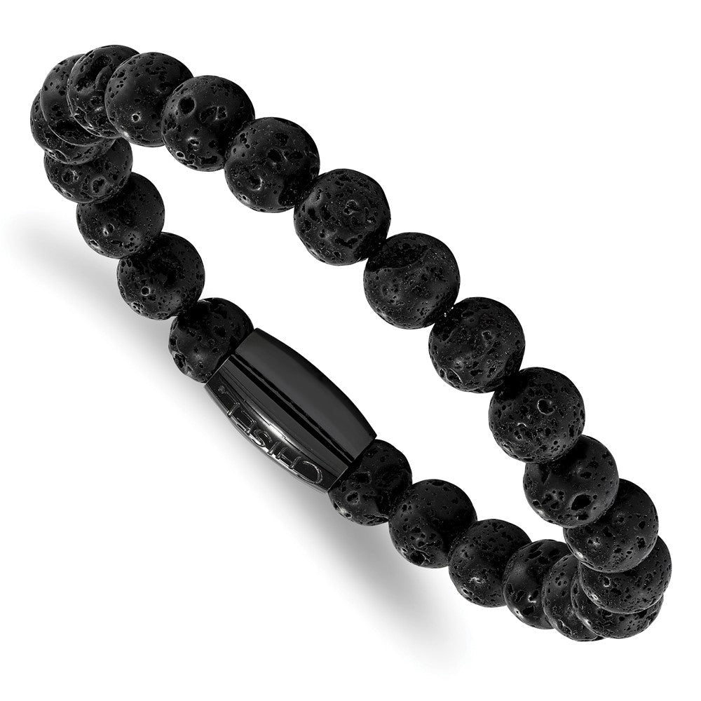 Chisel Stainless Steel Polished Black IP-plated 8mm Lava Rock Beaded Stretch Bracelet SRB2233