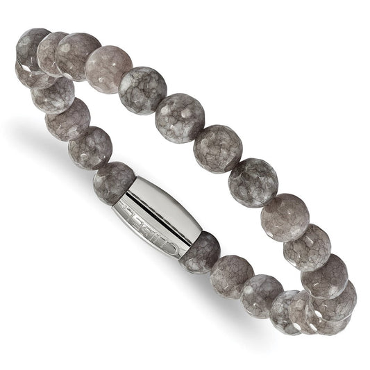 Chisel Stainless Steel Polished 8mm Light Brown Jade Beaded Stretch Bracelet SRB2235