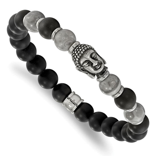 Chisel Stainless Steel Antiqued and Polished Buddha 8mm Black Agate and Grey Jasper Beaded Stretch Bracelet SRB2237