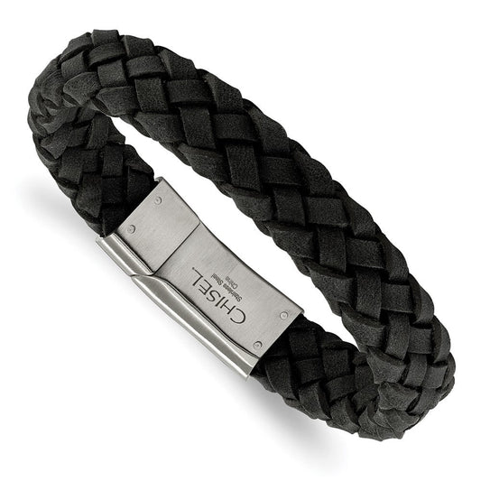 Chisel Stainless Steel Brushed Black Braided Leather 8.25 inch Bracelet SRB2246-8.25
