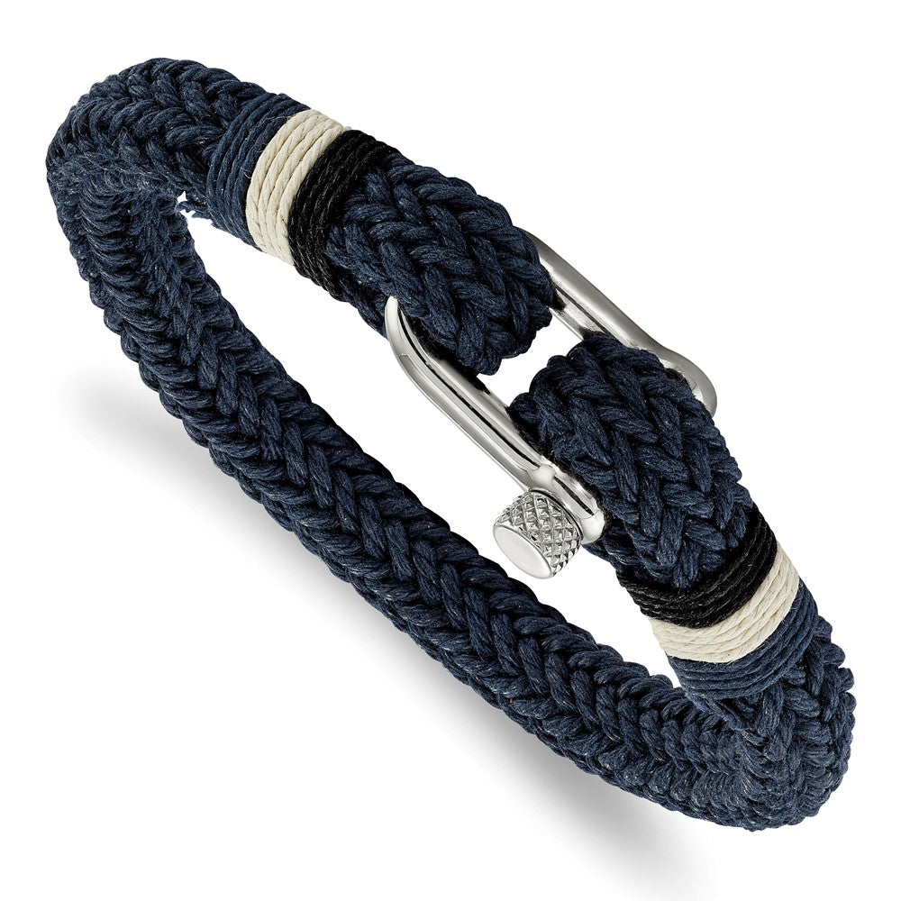 Chisel Stainless Steel Polished Woven Navy Blue Cotton 8.5 inch Bracelet SRB2252-8.5