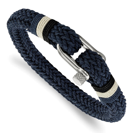 Chisel Stainless Steel Polished Woven Navy Blue Cotton 8.5 inch Bracelet SRB2252-8.5