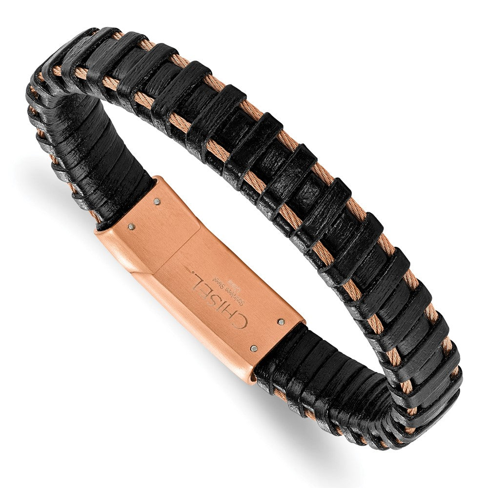 Chisel Stainless Steel Polished Rose IP-plated Cable and Black Leather 8.5 inch Bracelet SRB2254-8.5