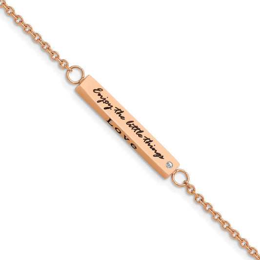 Chisel Stainless Steel Polished Rose IP-plated with CZ LOVE DREAM LAUGH Enjoy the little things 7 inch Bracelet with 1.5 inch Extension SRB2257-7