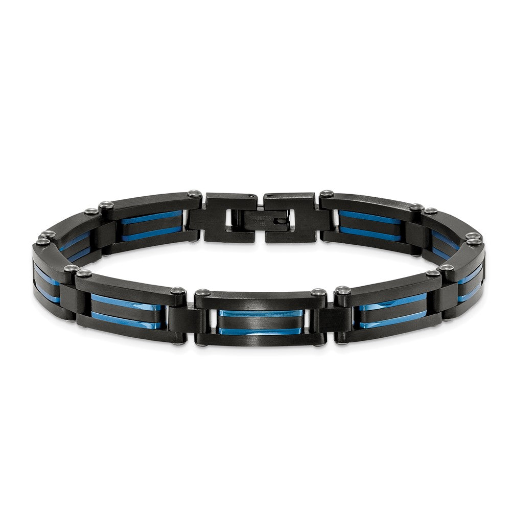 Chisel Stainless Steel Brushed and Polished Black and Blue IP-plated 8.5 inch Link Bracelet SRB2274-8.5