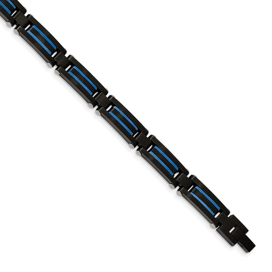 Chisel Stainless Steel Brushed and Polished Black and Blue IP-plated 8.5 inch Link Bracelet SRB2274-8.5