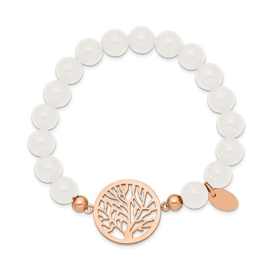 Chisel Stainless Steel Polished Rose IP-plated Tree of Life 8mm White Jade Beaded Stretch Bracelet SRB2322