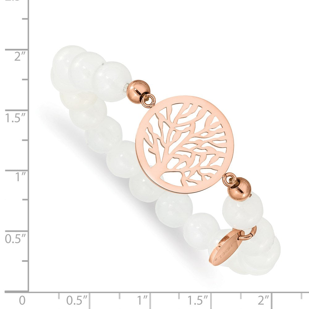 Chisel Stainless Steel Polished Rose IP-plated Tree of Life 8mm White Jade Beaded Stretch Bracelet SRB2322