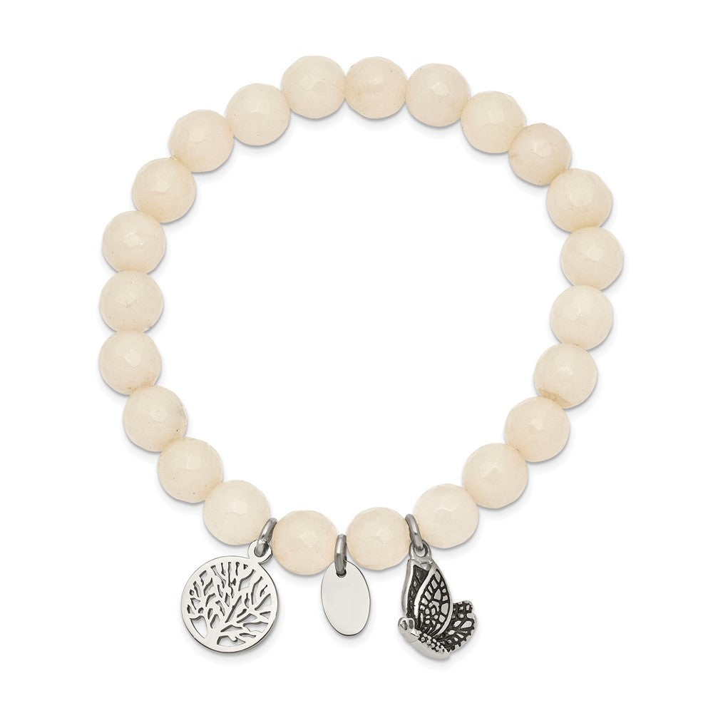 Chisel Stainless Steel Antiqued and Polished Butterfly and Tree of Life 8mm White Jade Beaded Stretch Bracelet SRB2325