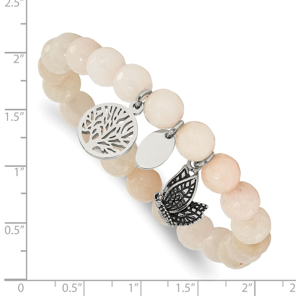 Chisel Stainless Steel Antiqued and Polished Butterfly and Tree of Life 8mm White Jade Beaded Stretch Bracelet SRB2325