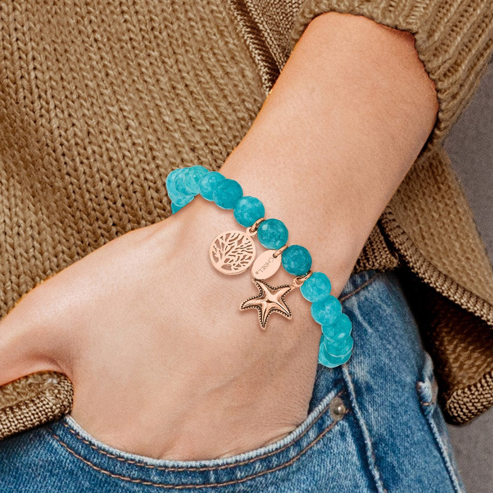 Chisel Stainless Steel Antiqued and Polished Rose IP-plated Starfish and Tree of Life 8mm Aqua Dyed Jade Beaded Stretch Bracelet SRB2326
