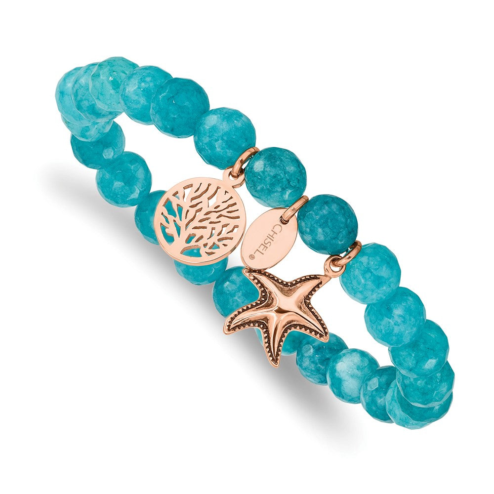 Chisel Stainless Steel Antiqued and Polished Rose IP-plated Starfish and Tree of Life 8mm Aqua Dyed Jade Beaded Stretch Bracelet SRB2326