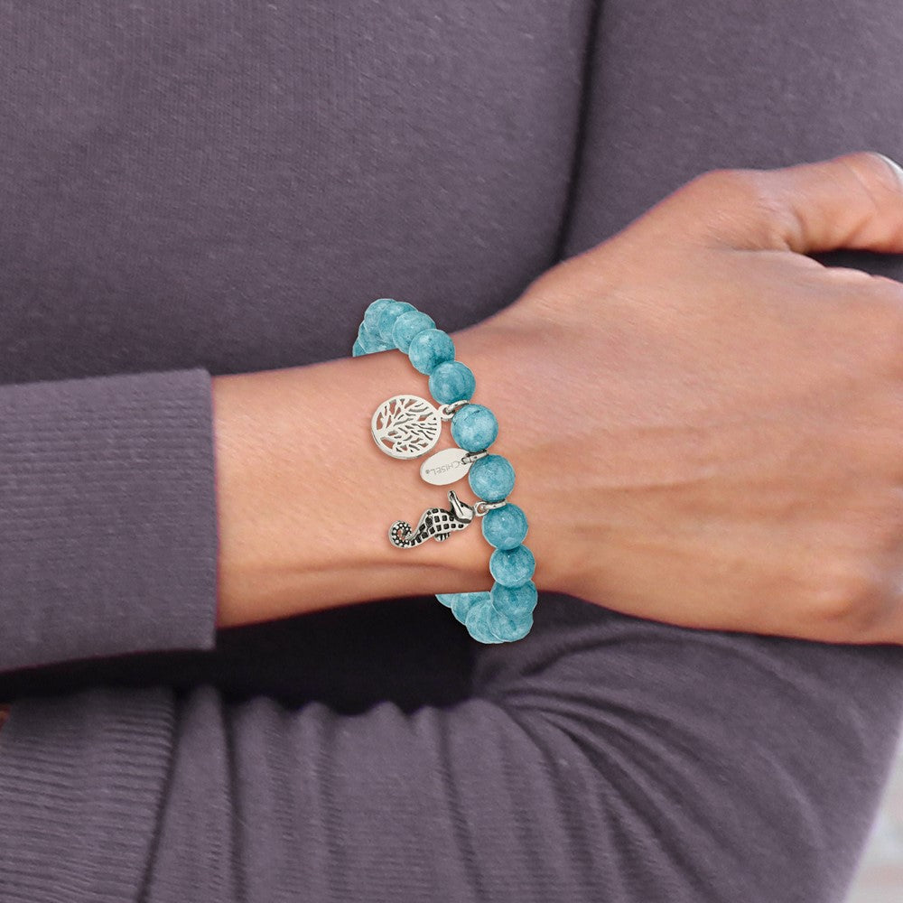 Chisel Stainless Steel Antiqued and Polished Seahorse and Tree of Life 8mm Blue Dyed Jade Beaded Stretch Bracelet SRB2327