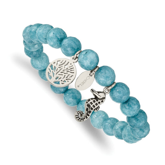 Chisel Stainless Steel Antiqued and Polished Seahorse and Tree of Life 8mm Blue Dyed Jade Beaded Stretch Bracelet SRB2327