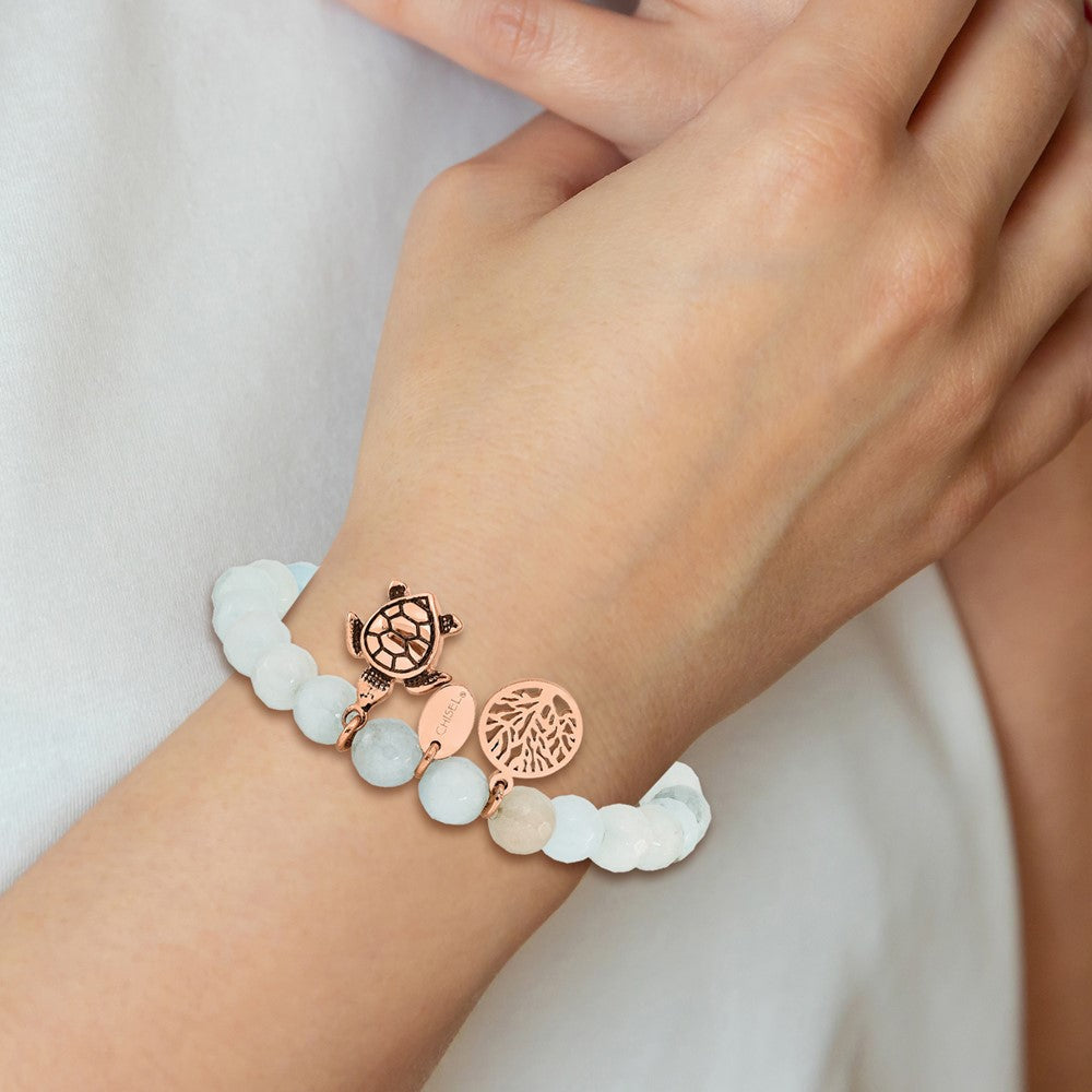 Chisel Stainless Steel Antiqued and Polished Rose IP-plated 8mm Blue/Grey Dyed Jade Beaded Stretch Bracelet SRB2328