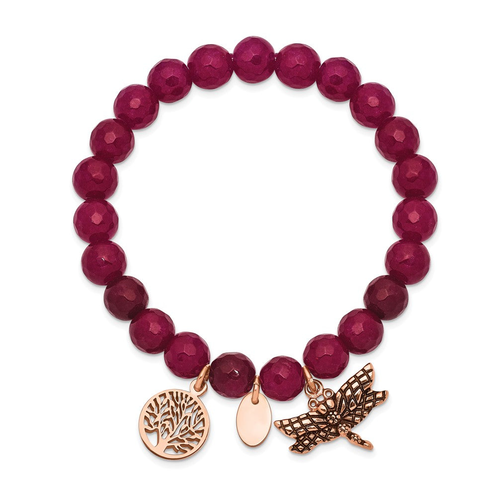 Chisel Stainless Steel Antiqued and Polished Rose IP-plated Dragonfly and Tree of Life 8mm Pink Dyed Jade Beaded Stretch Bracelet SRB2329