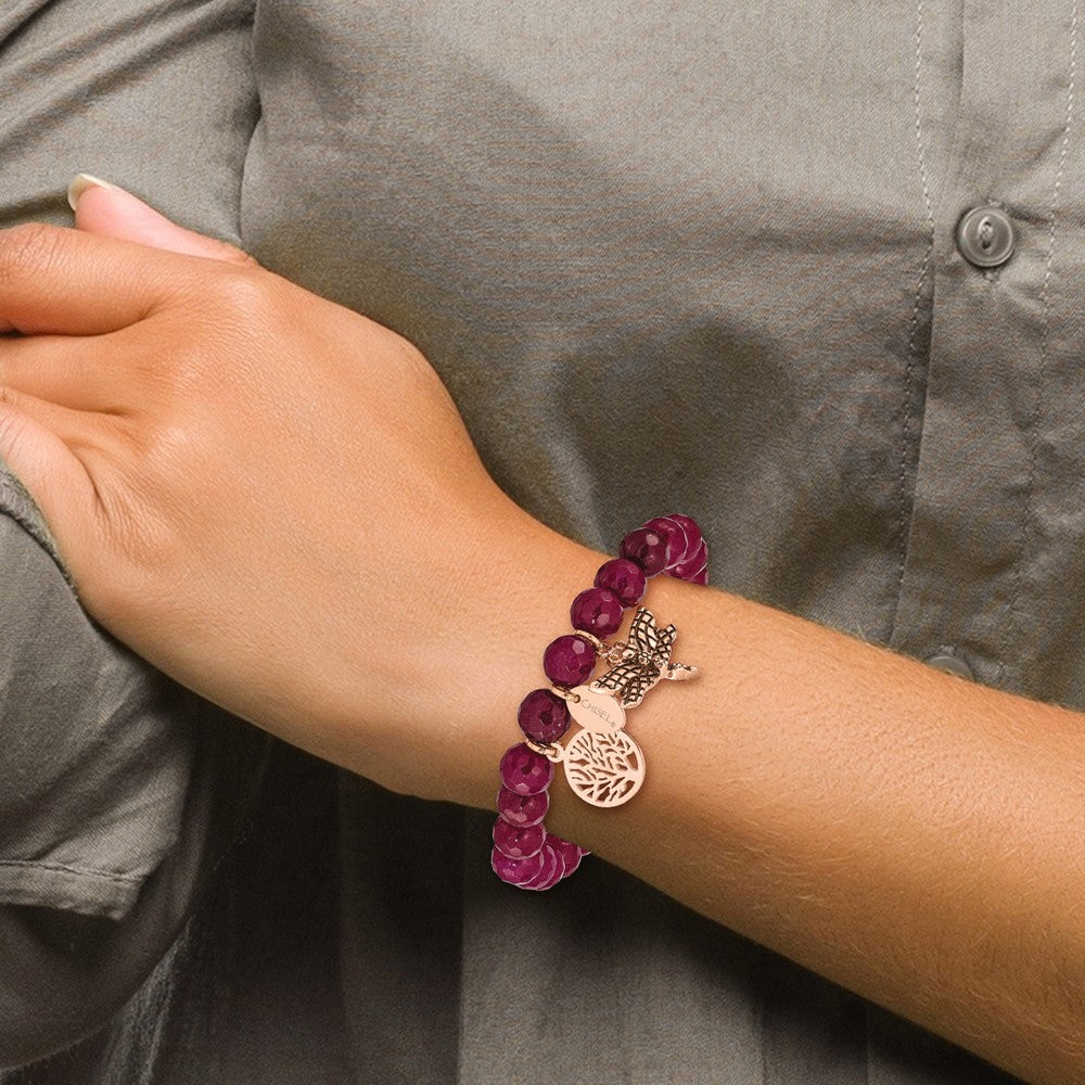 Chisel Stainless Steel Antiqued and Polished Rose IP-plated Dragonfly and Tree of Life 8mm Pink Dyed Jade Beaded Stretch Bracelet SRB2329