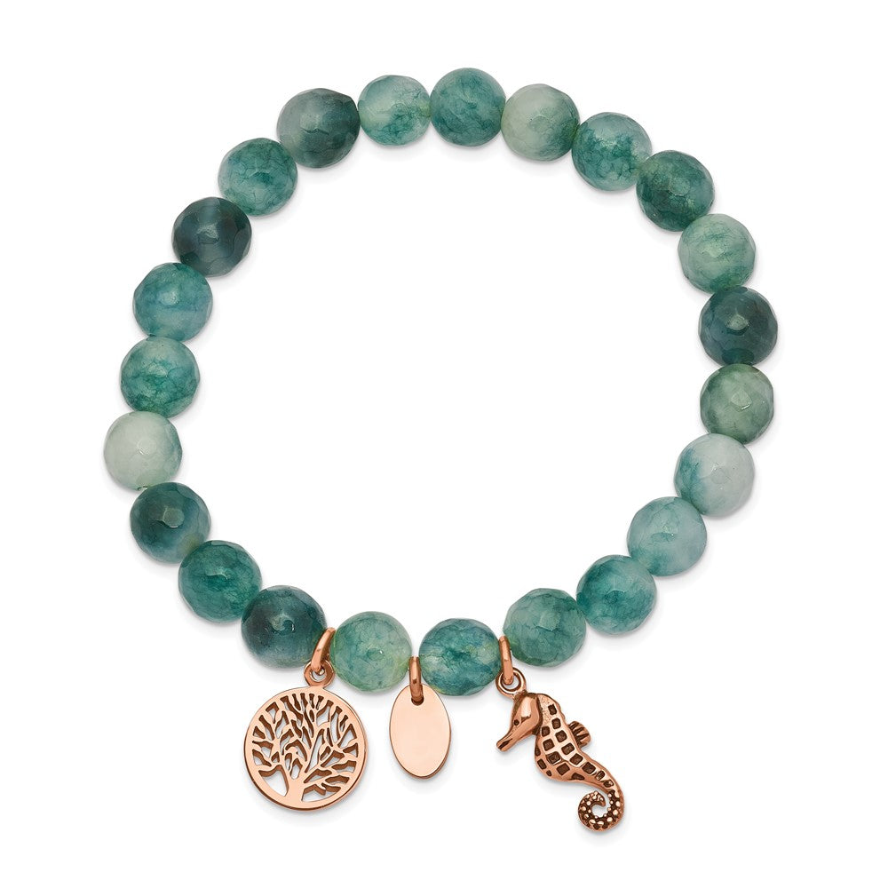Chisel Stainless Steel Antiqued and Polished Rose IP-plated Seahorse and Tree of Life 8mm Green Dyed Jade Beaded Stretch Bracelet SRB2330