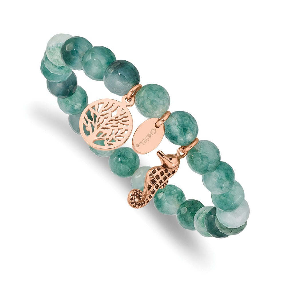 Chisel Stainless Steel Antiqued and Polished Rose IP-plated Seahorse and Tree of Life 8mm Green Dyed Jade Beaded Stretch Bracelet SRB2330
