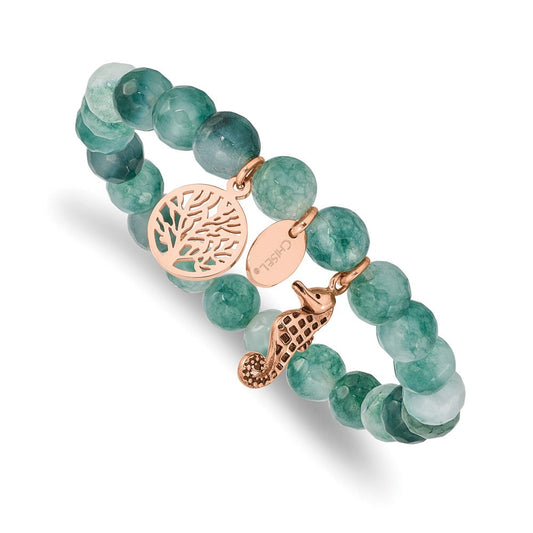 Chisel Stainless Steel Antiqued and Polished Rose IP-plated Seahorse and Tree of Life 8mm Green Dyed Jade Beaded Stretch Bracelet SRB2330