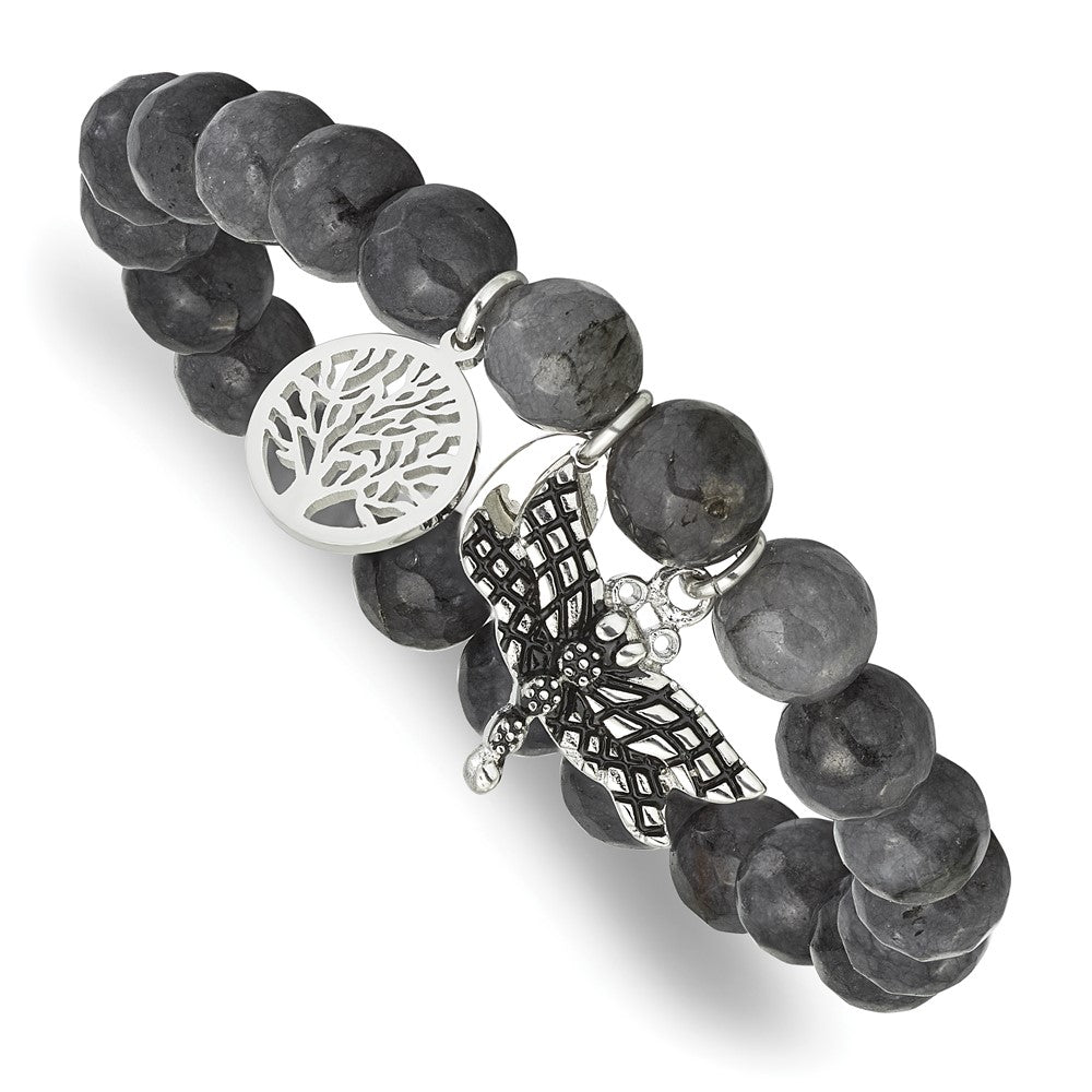 Chisel Stainless Steel Antiqued and Polished Dragonfly and Tree of Life 8mm Grey Dyed Jade Beaded Stretch Bracelet SRB2332