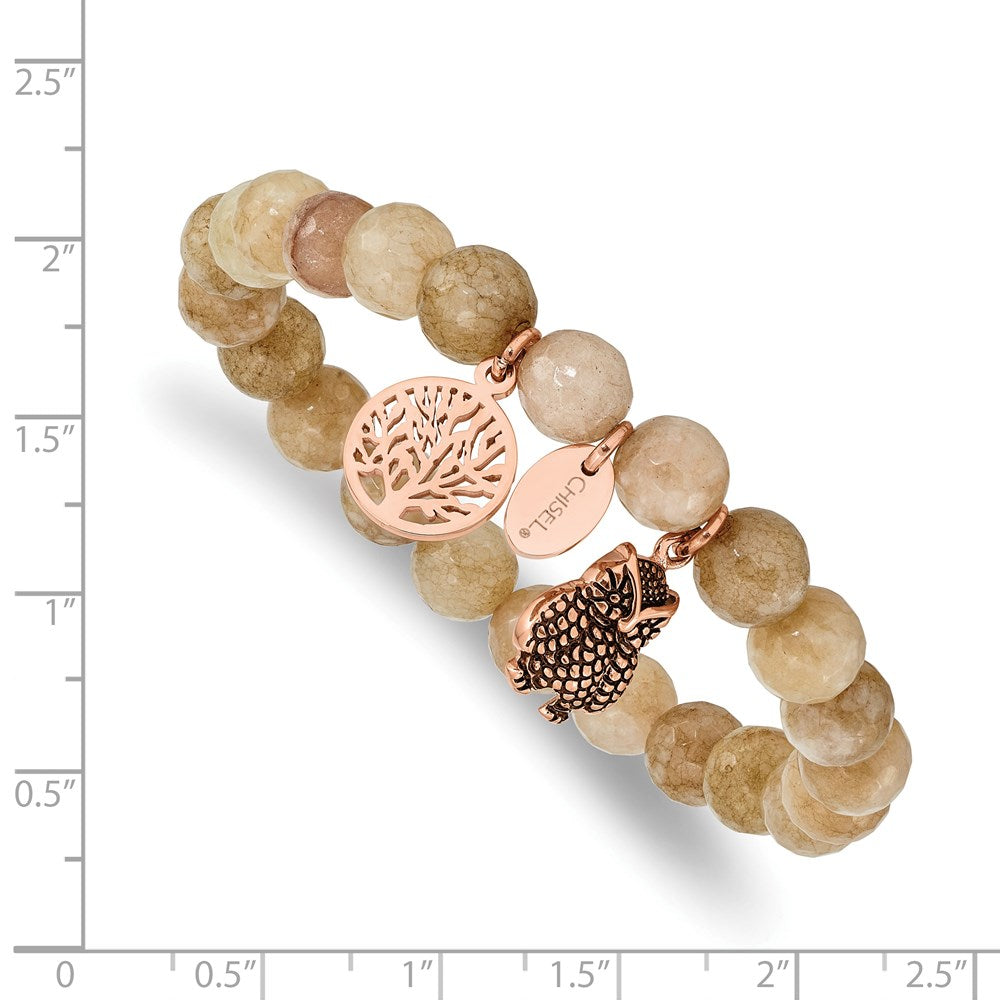 Chisel Stainless Steel Antiqued and Polished Rose IP-plated Owl and Tree of Life 8mm Taupe Dyed Jade Beaded Stretch Bracelet SRB2333