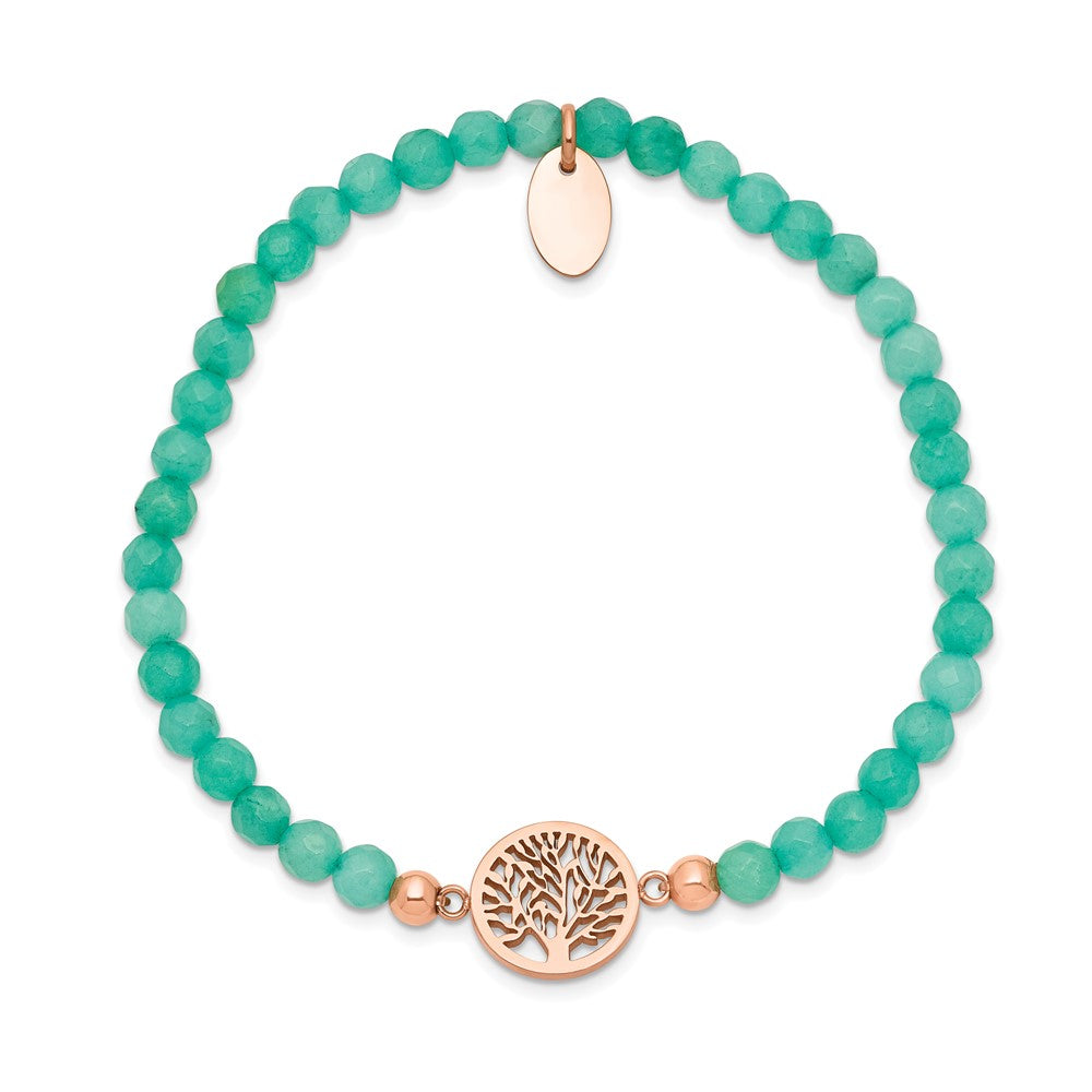 Chisel Stainless Steel Polished Rose IP-plated Tree of Life 4mm Mint Jade Beaded Stretch Bracelet SRB2335
