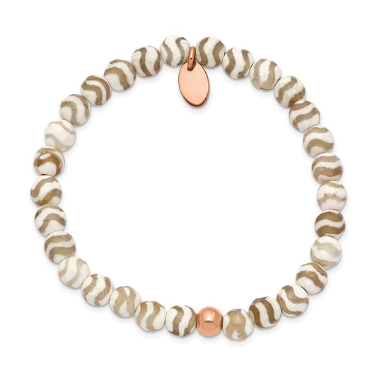 Chisel Stainless Steel Polished Rose IP-plated 6mm White Wave Agate Beaded Stretch Bracelet SRB2338