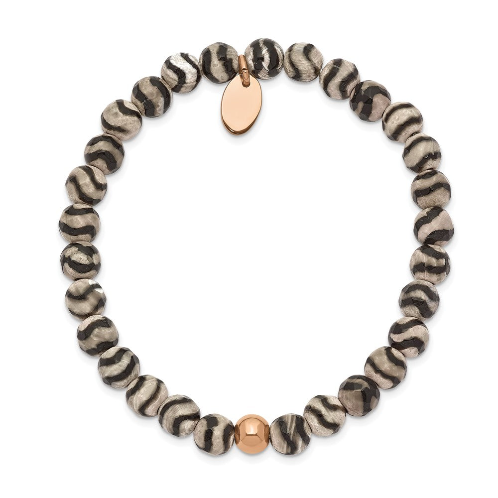 Chisel Stainless Steel Polished Rose IP-plated 6mm Black and White Striped Agate Beaded Stretch Bracelet SRB2340