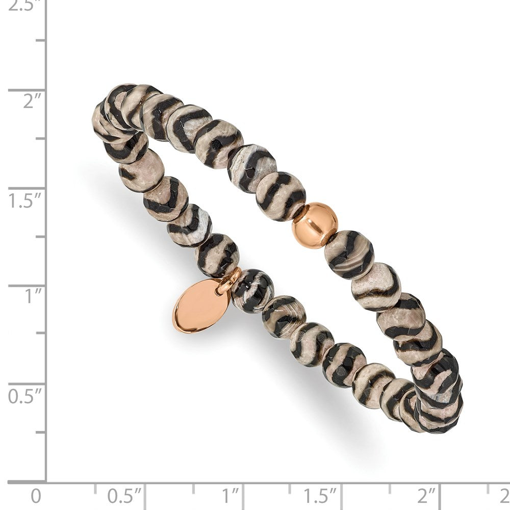 Chisel Stainless Steel Polished Rose IP-plated 6mm Black and White Striped Agate Beaded Stretch Bracelet SRB2340