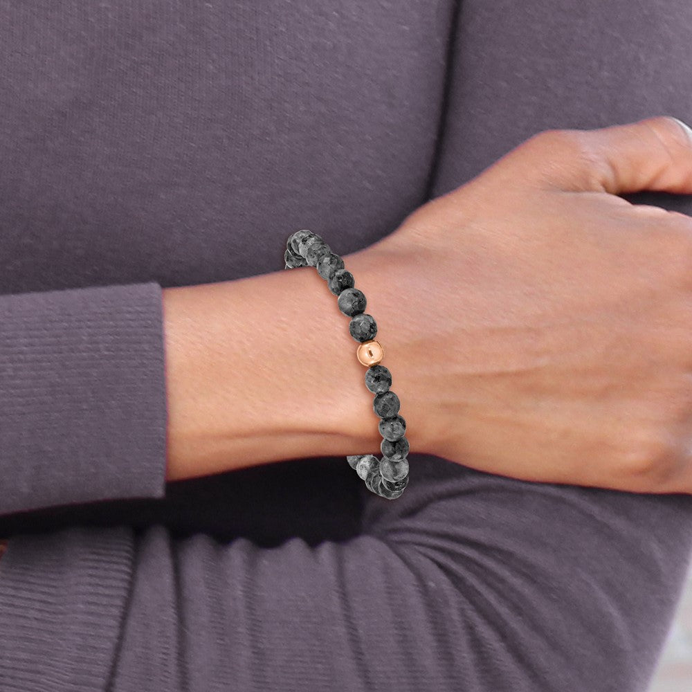 Chisel Stainless Steel Polished Rose IP-plated 6mm Spectrolite Beaded Stretch Bracelet SRB2343