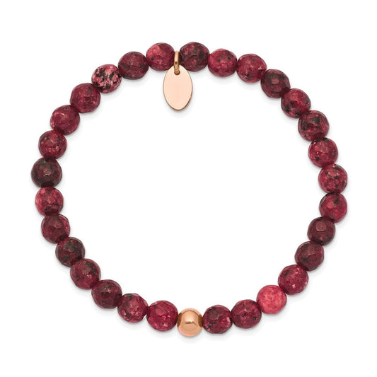 Chisel Stainless Steel Polished Rose IP-plated 6mm Red Jade Beaded Stretch Bracelet SRB2344