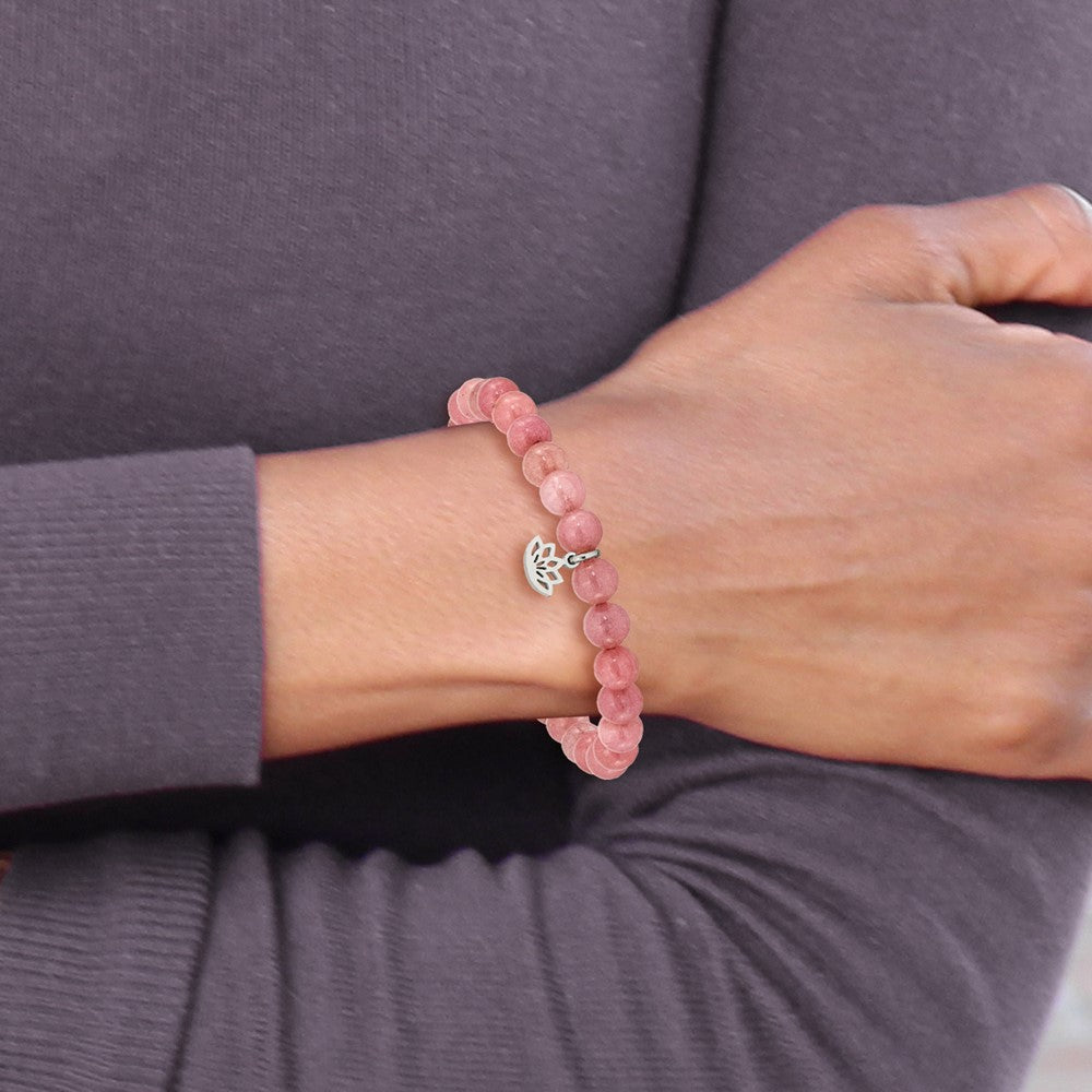 Chisel Stainless Steel Polished Lotus 6mm Pink Jade Beaded Stretch Bracelet SRB2347