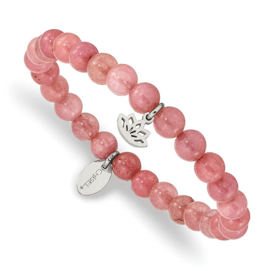 Chisel Stainless Steel Polished Lotus 6mm Pink Jade Beaded Stretch Bracelet SRB2347