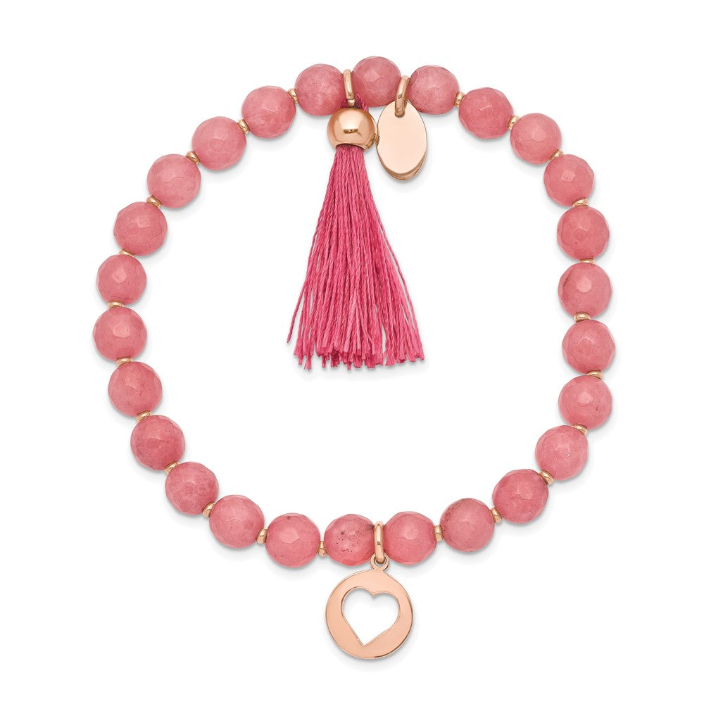 Chisel Stainless Steel Polished Rose IP-plated Heart 6mm Pink Jade Beaded Stretch Bracelet with Tassel SRB2353