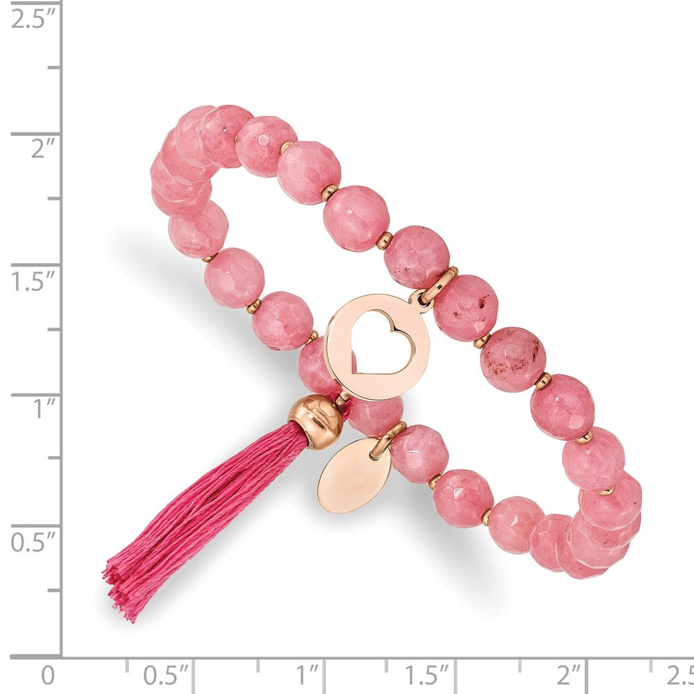 Chisel Stainless Steel Polished Rose IP-plated Heart 6mm Pink Jade Beaded Stretch Bracelet with Tassel SRB2353