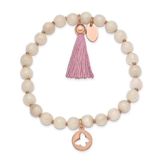 Chisel Stainless Steel Polished Rose IP-plated Butterfly 6mm Pink Agate Beaded Stretch Bracelet with Tassel SRB2356