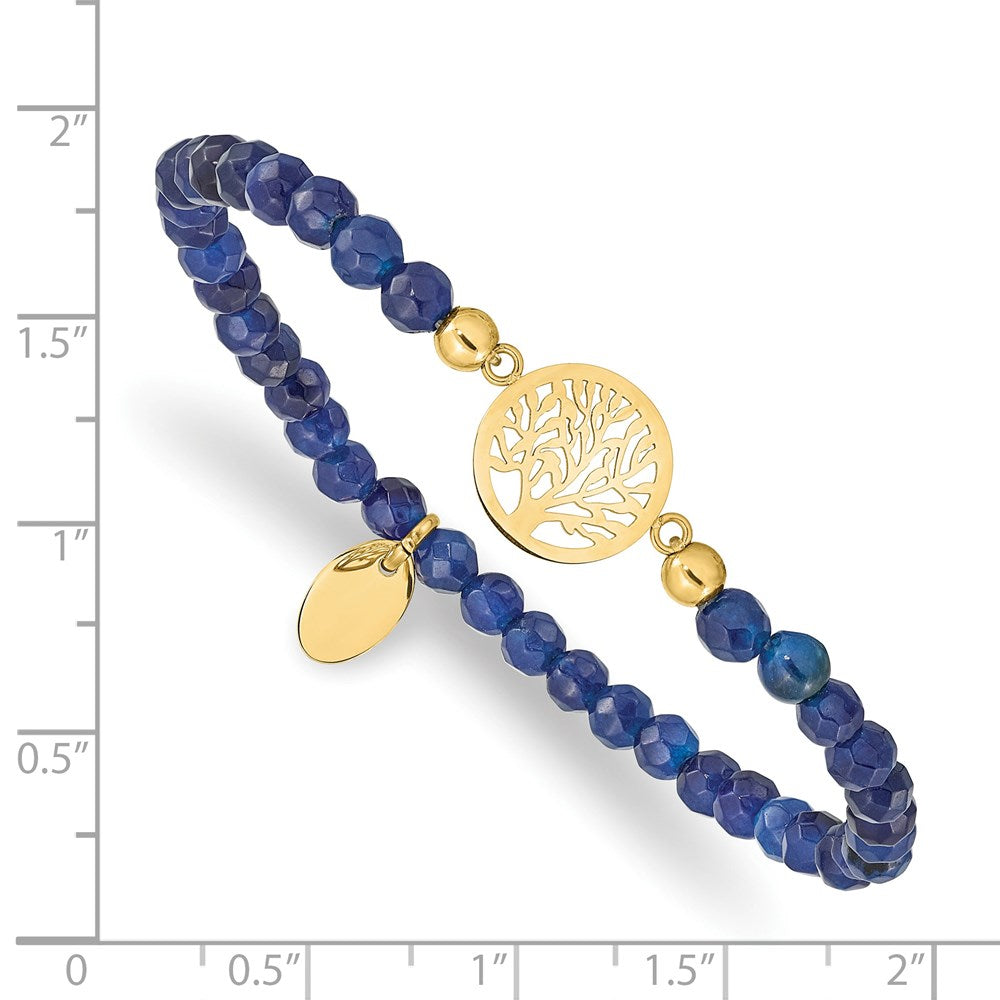 Chisel Stainless Steel Polished Yellow IP-plated Tree of Life 4mm Blue Jade Beaded Stretch Bracelet SRB2359