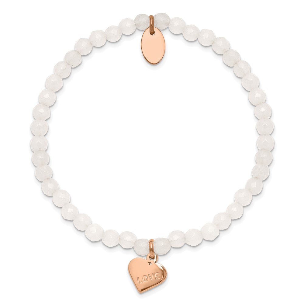 Chisel Stainless Steel Polished Rose IP-plated LOVE Heart 4mm Jade Beaded Stretch Bracelet SRB2360