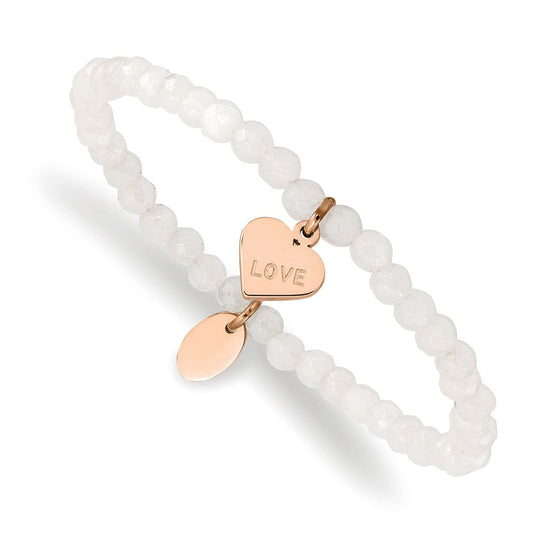 Chisel Stainless Steel Polished Rose IP-plated LOVE Heart 4mm Jade Beaded Stretch Bracelet SRB2360