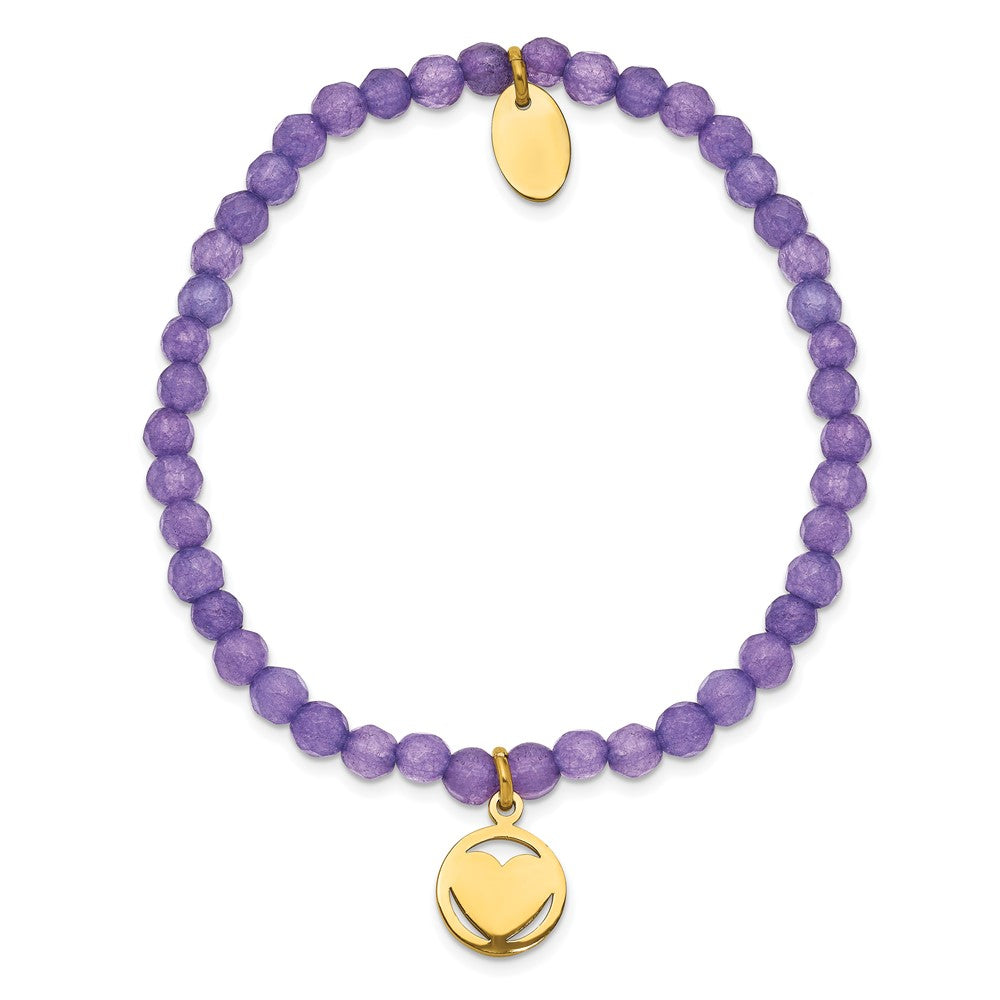 Chisel Stainless Steel Polished Yellow IP-plated Heart 4mm Light Purple Jade Beaded Stretch Bracelet SRB2363